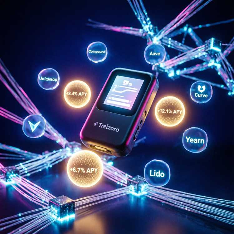 Icons representing staking and DeFi protocols connected to a Trezor wallet.