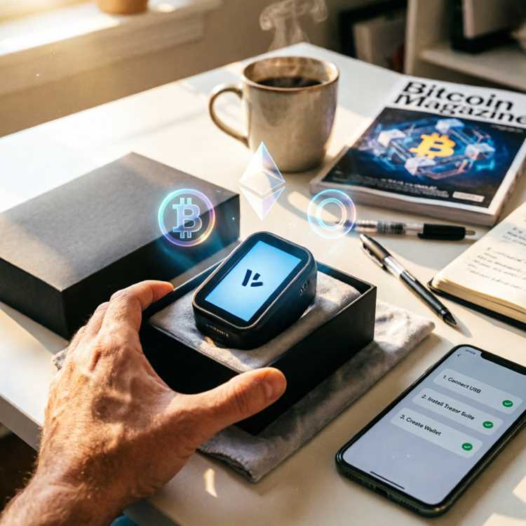 A person holding a Trezor wallet, looking at it thoughtfully.